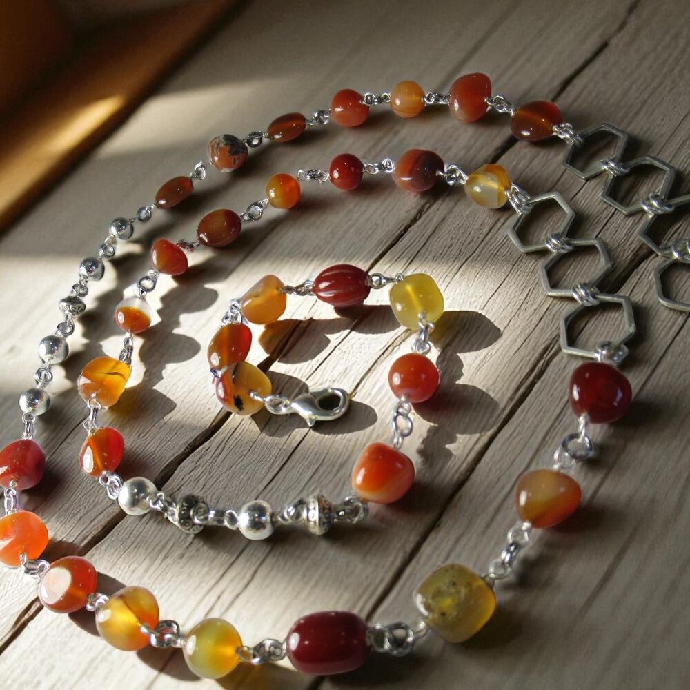Carnelian and Agate Double Wrap Necklace, Silver Chain